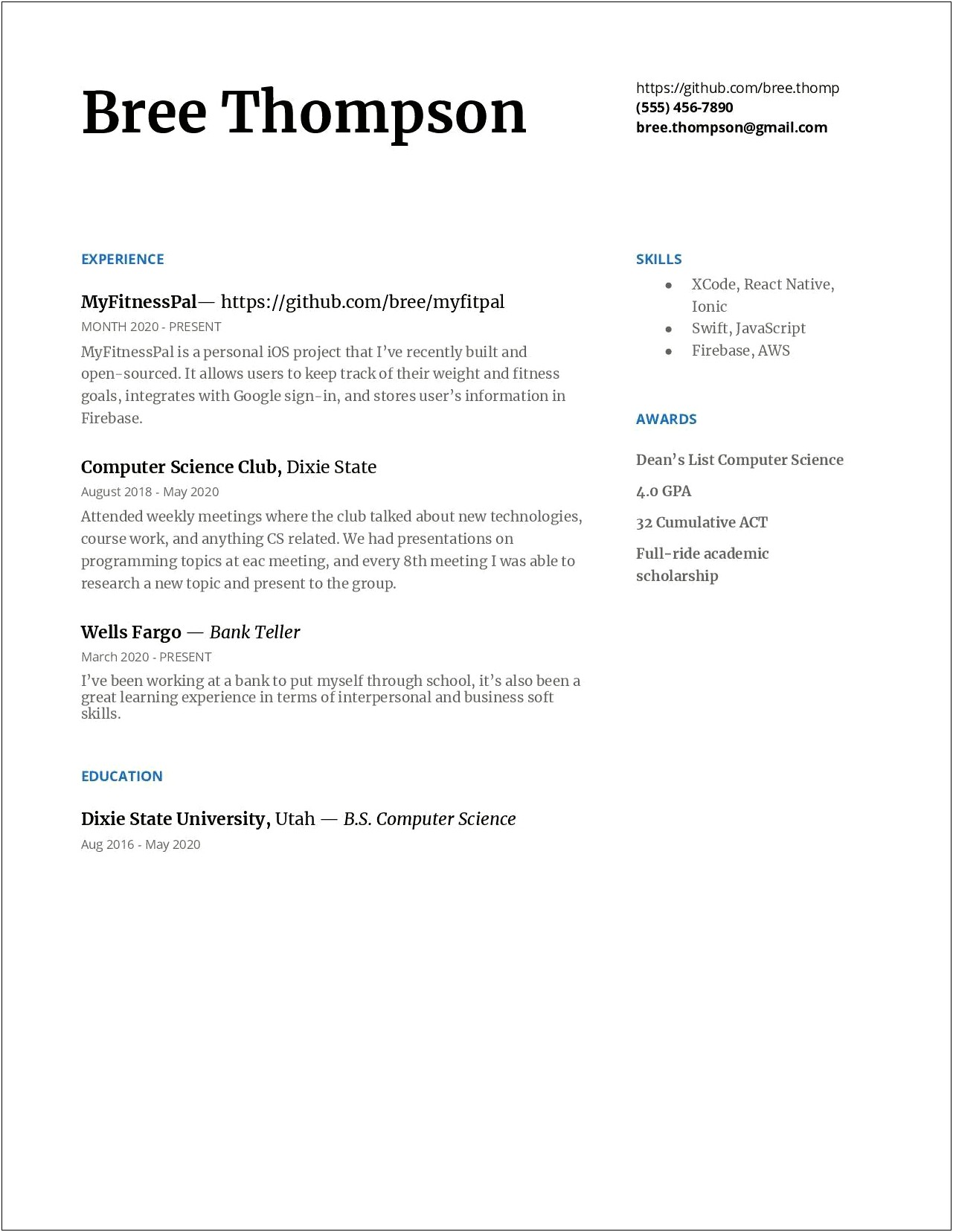 Example Computer Science Resume College Student