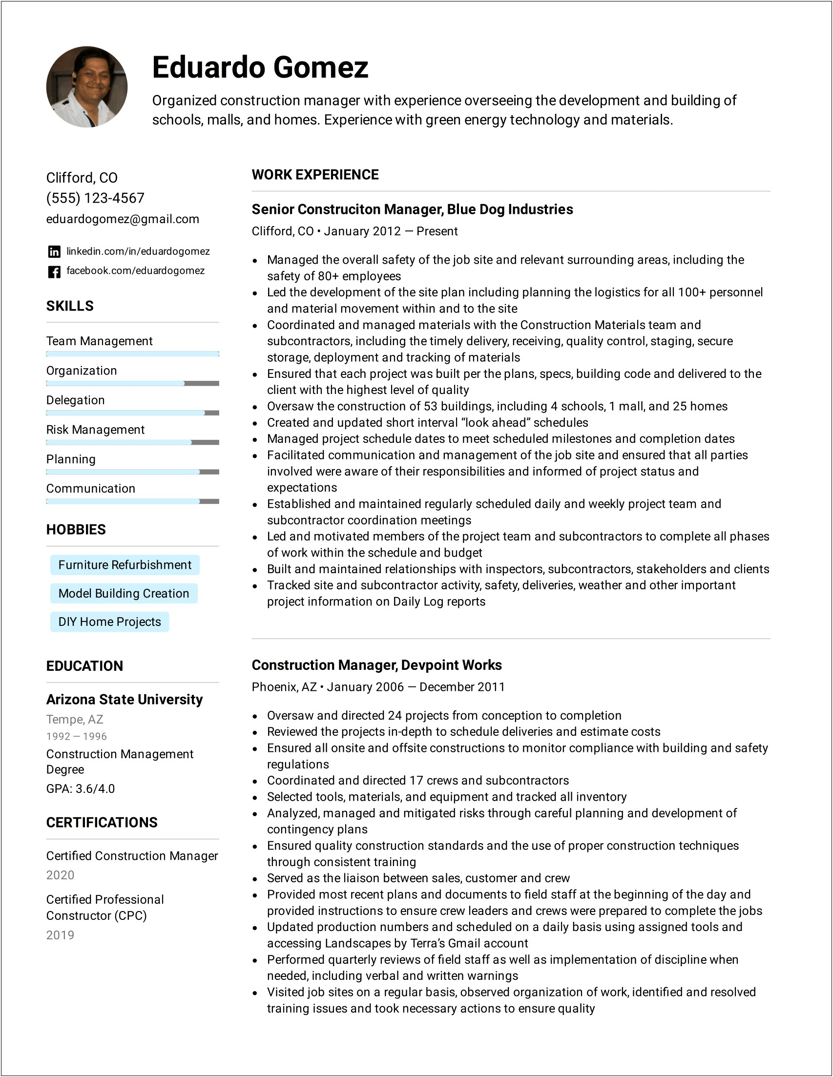 Example Construction Project Manager Resume