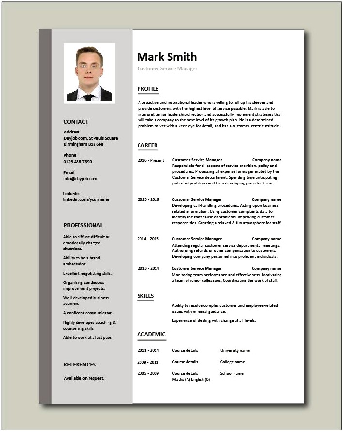 Example Customer Service Manager Resume