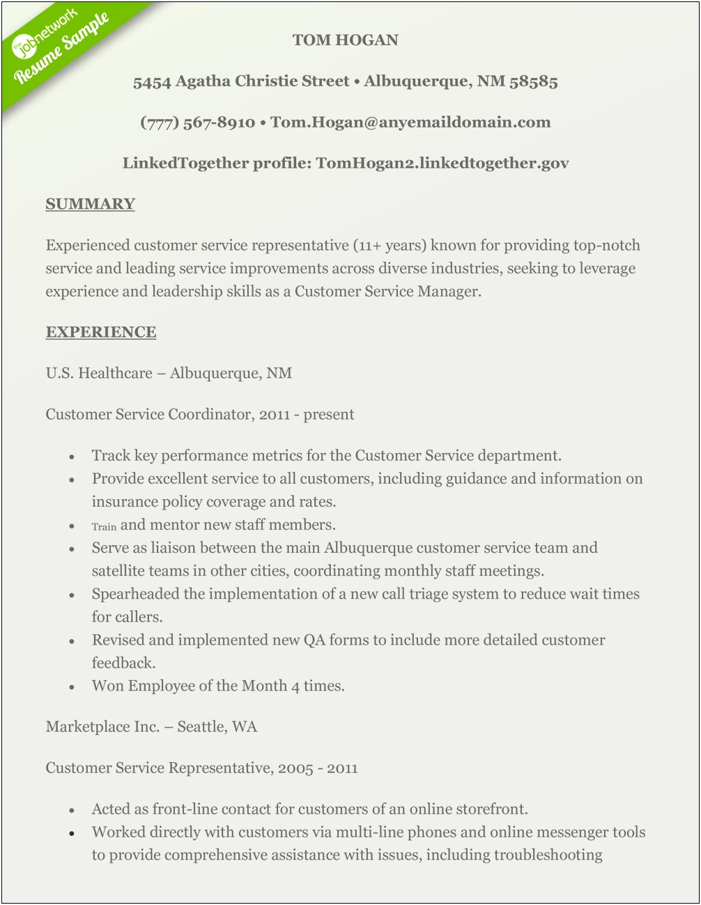 Example Customer Service Profile On A Resume