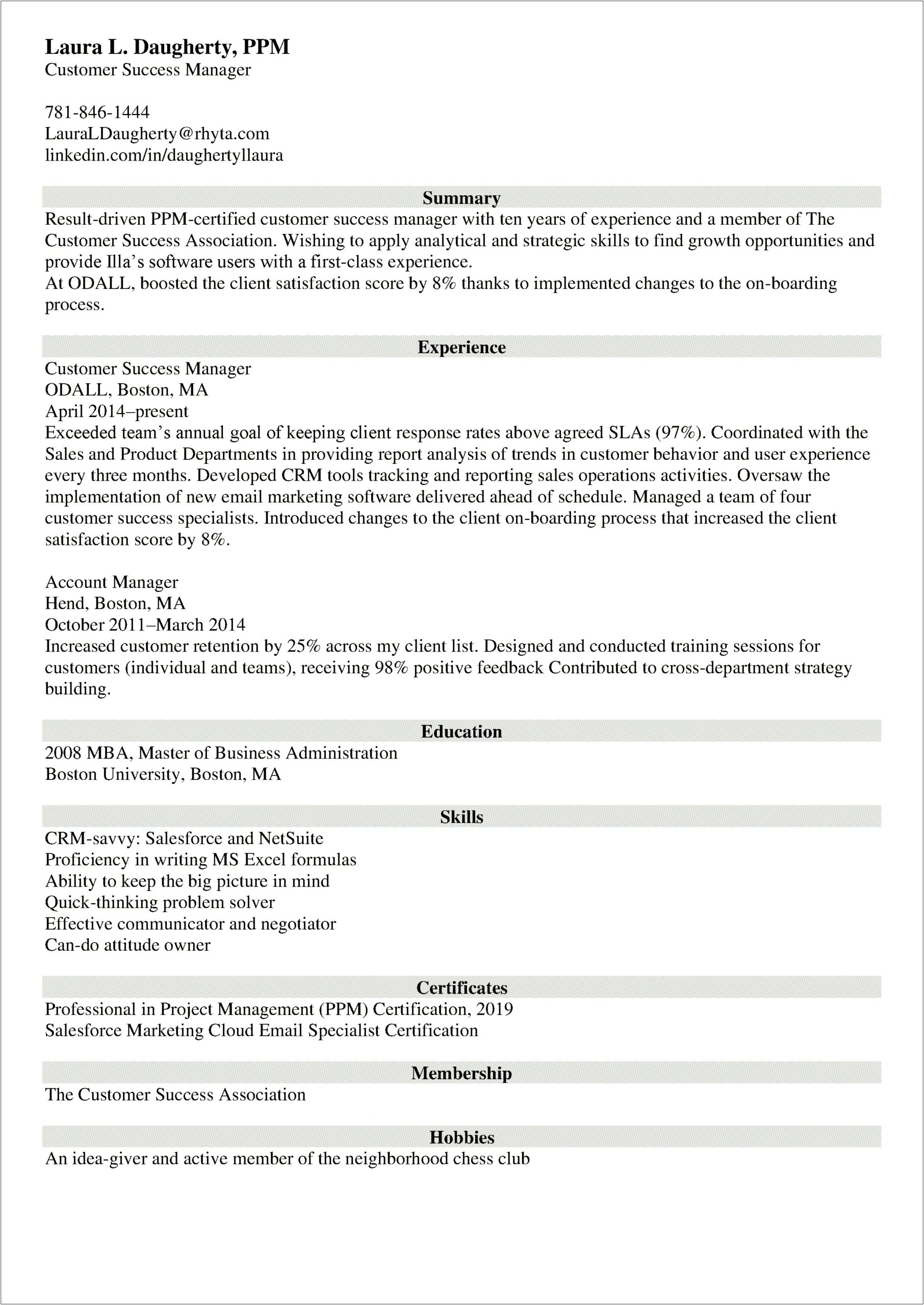 Example Customer Success Manager Resume