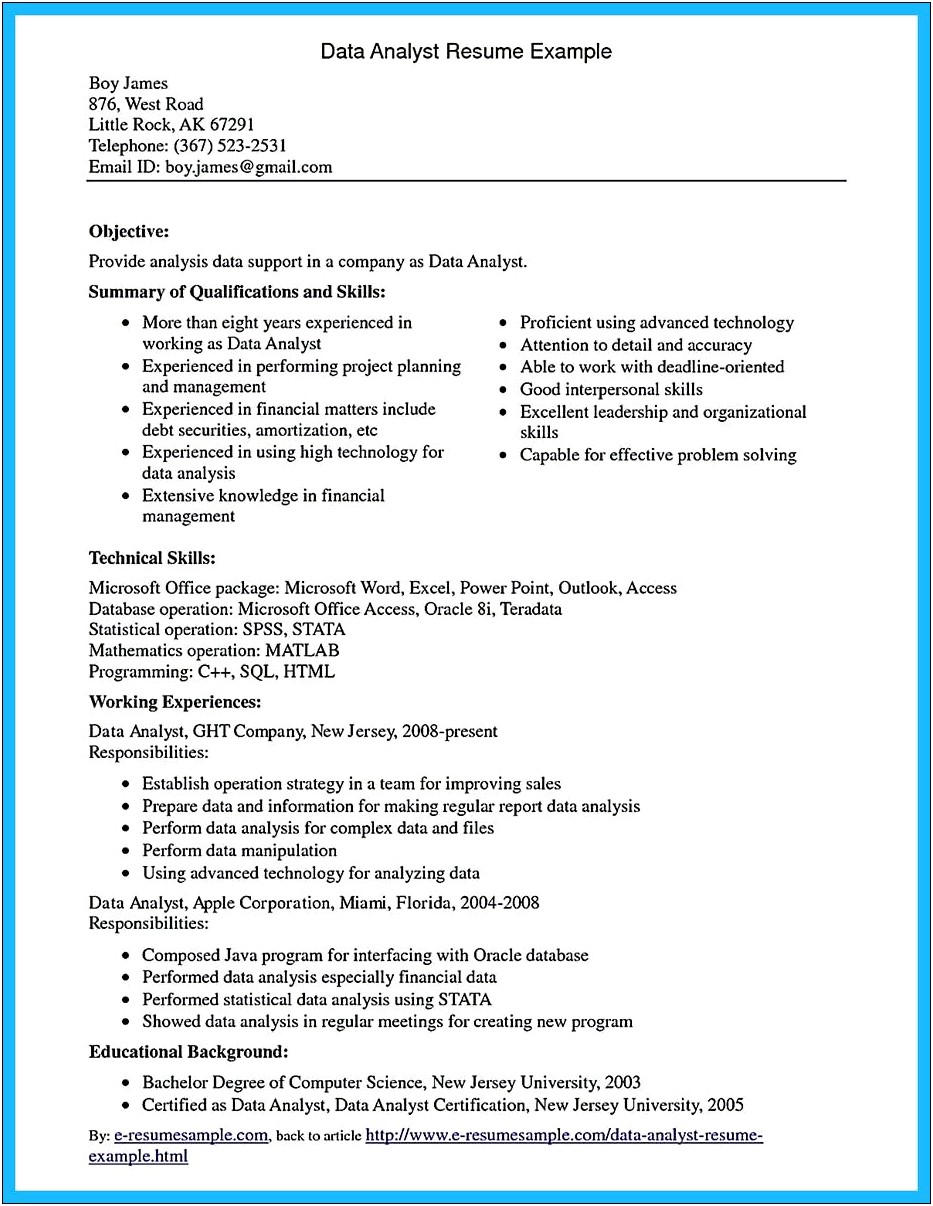 Example Entry Level Data Analyst Resume