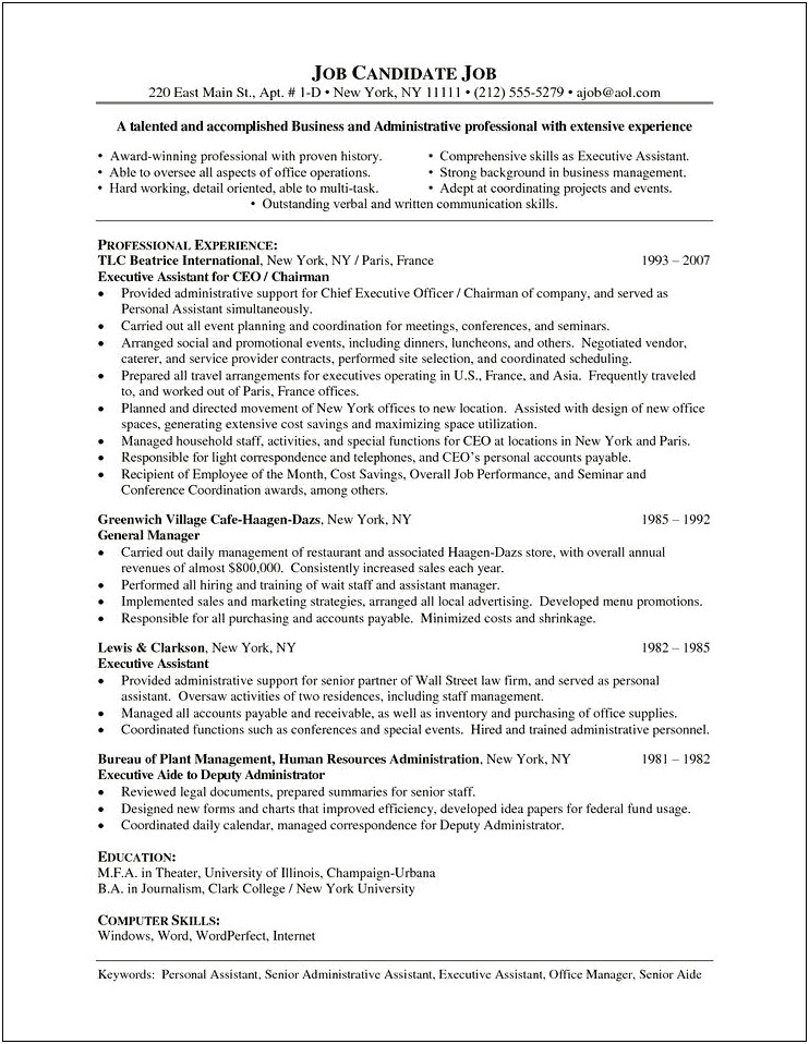 Example Executive Assistant Resume Unemployed