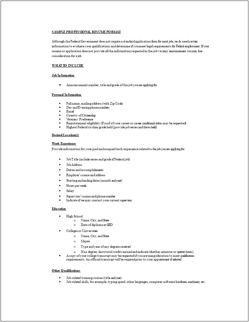 Example Federal Government Supervisor Resume