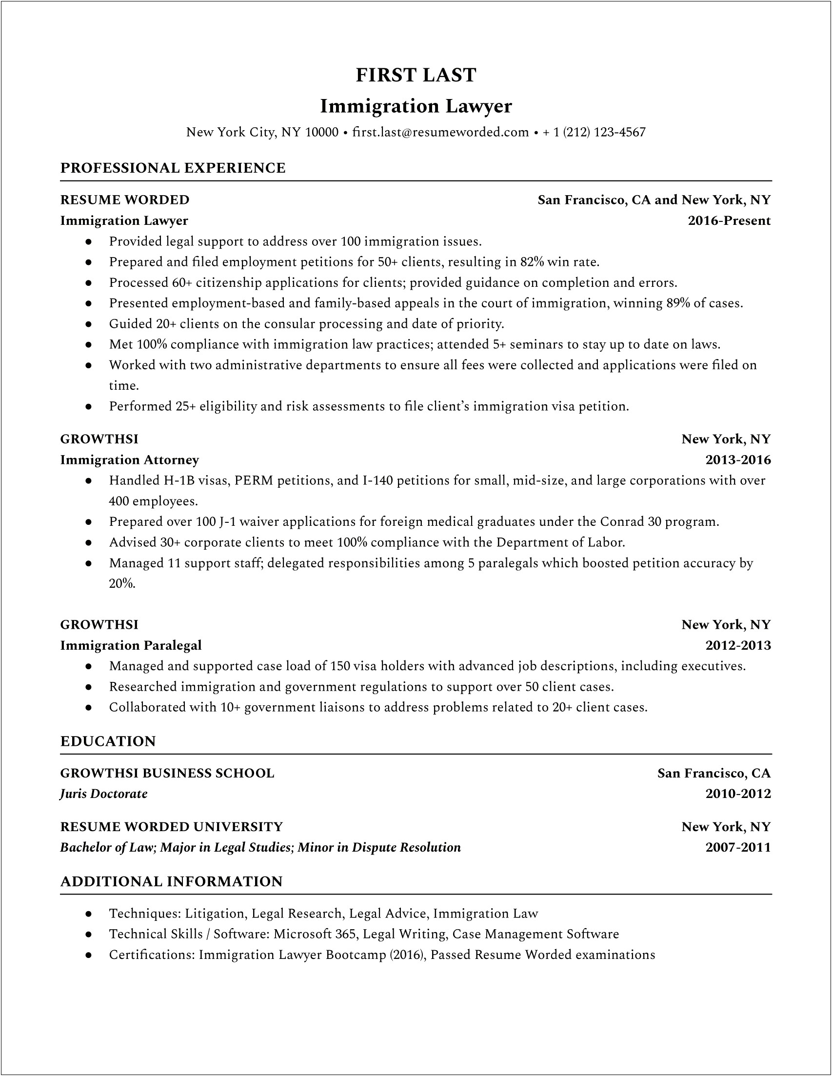 Example Federal Resume For Immigration