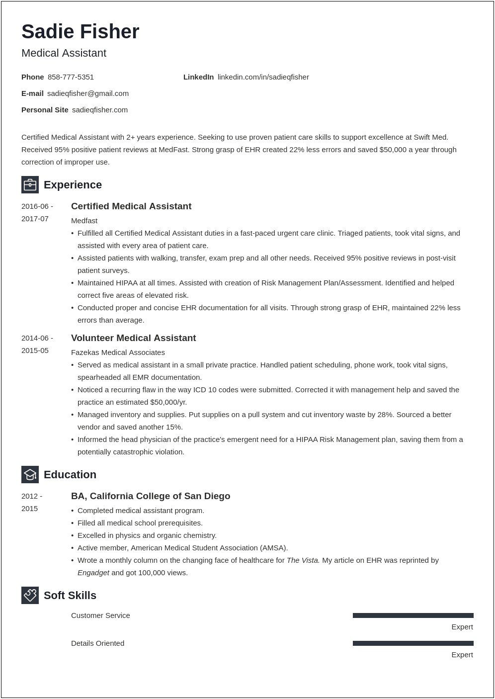 Example For A Resume For Medical Assistance