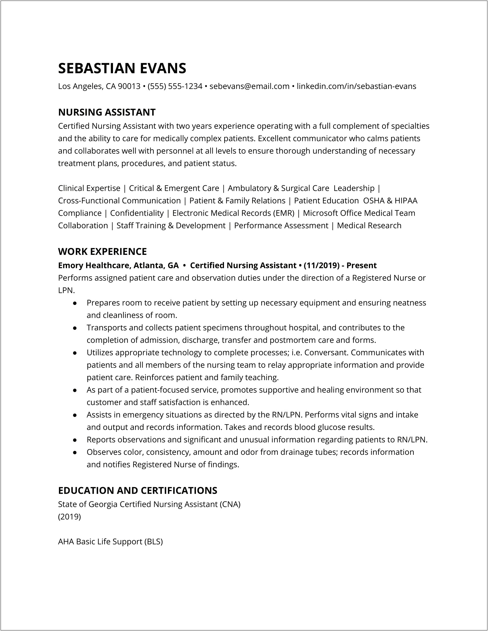 Example For Cna Resume Experience