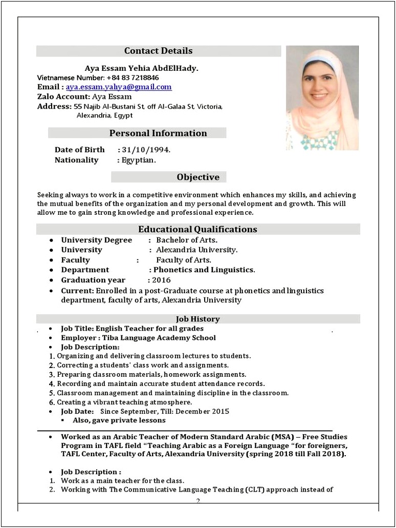 Example For Msa Graduate Resume