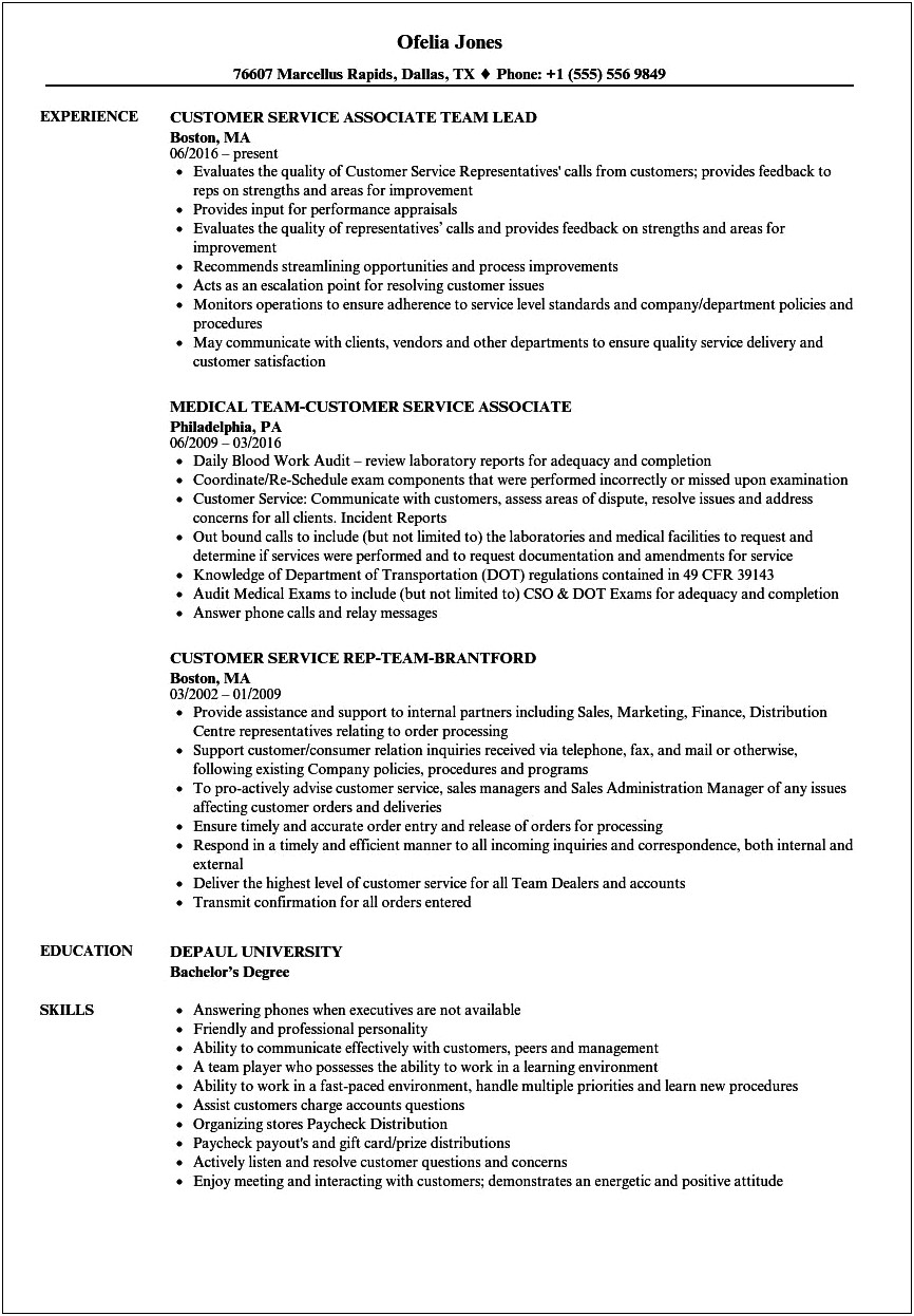 Example For Resume Customer Serice