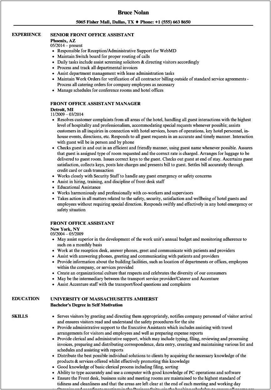Example Front Office Personnel Resume