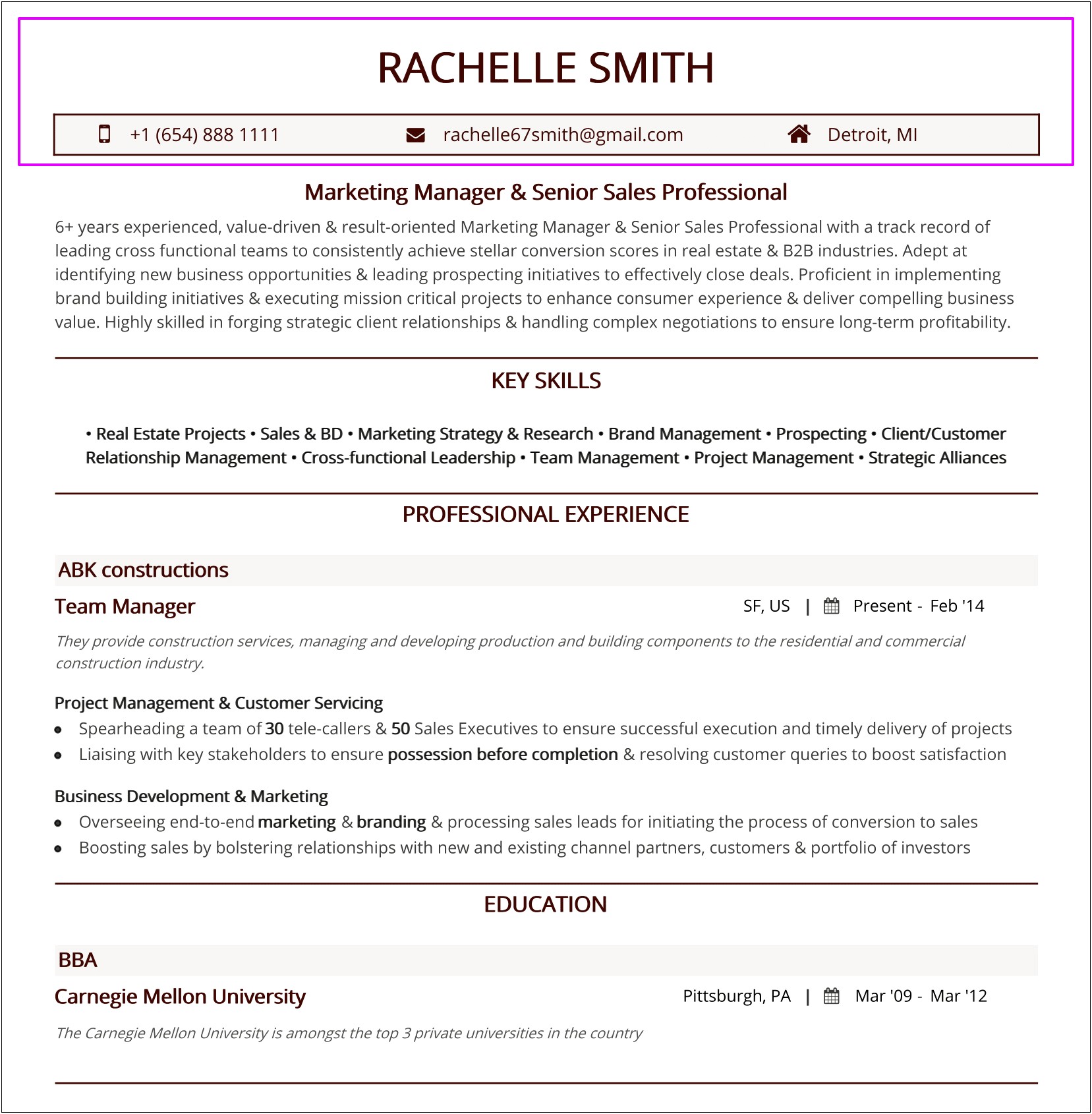 Example Headers For Resume Out Of College