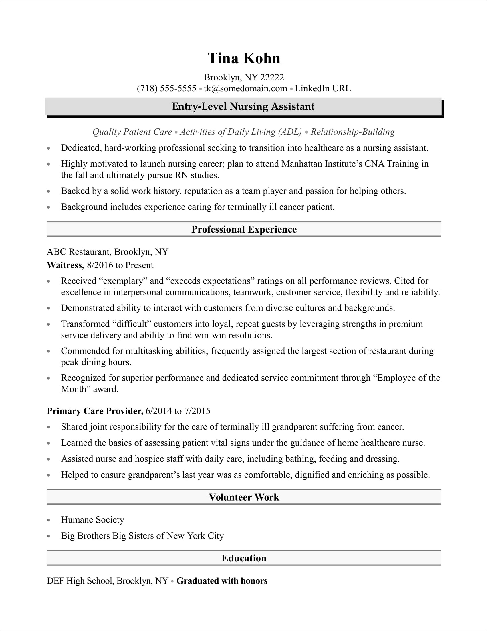 Example Home Care Aide Resume