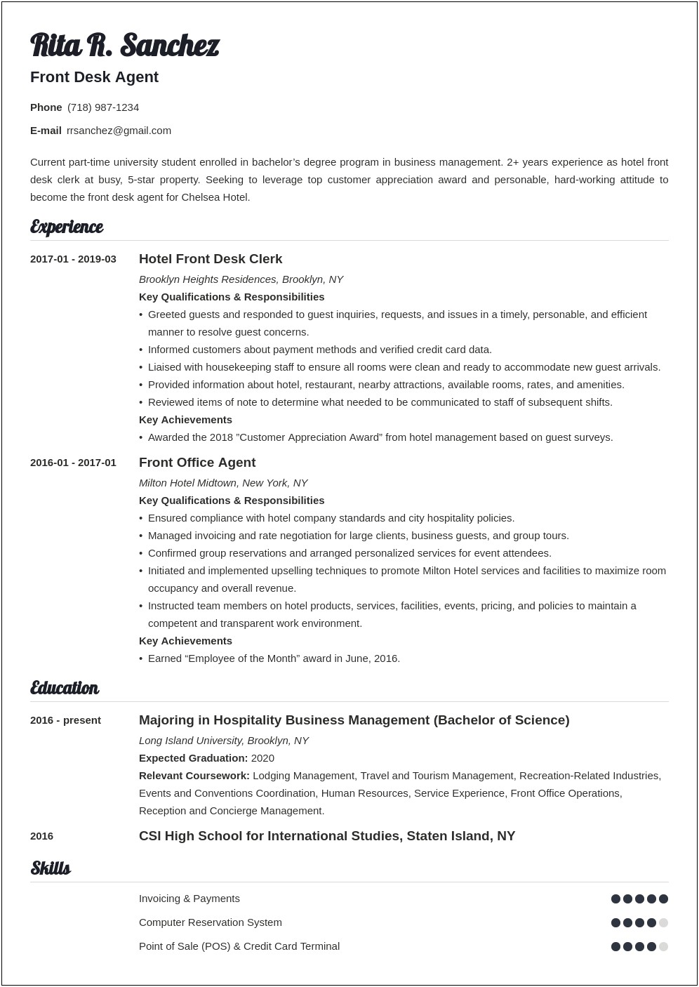 Example Hotel Resume Front Desk