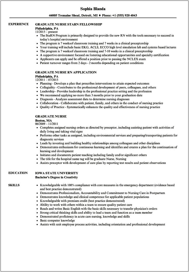 Example New Graduate Nursing Resume