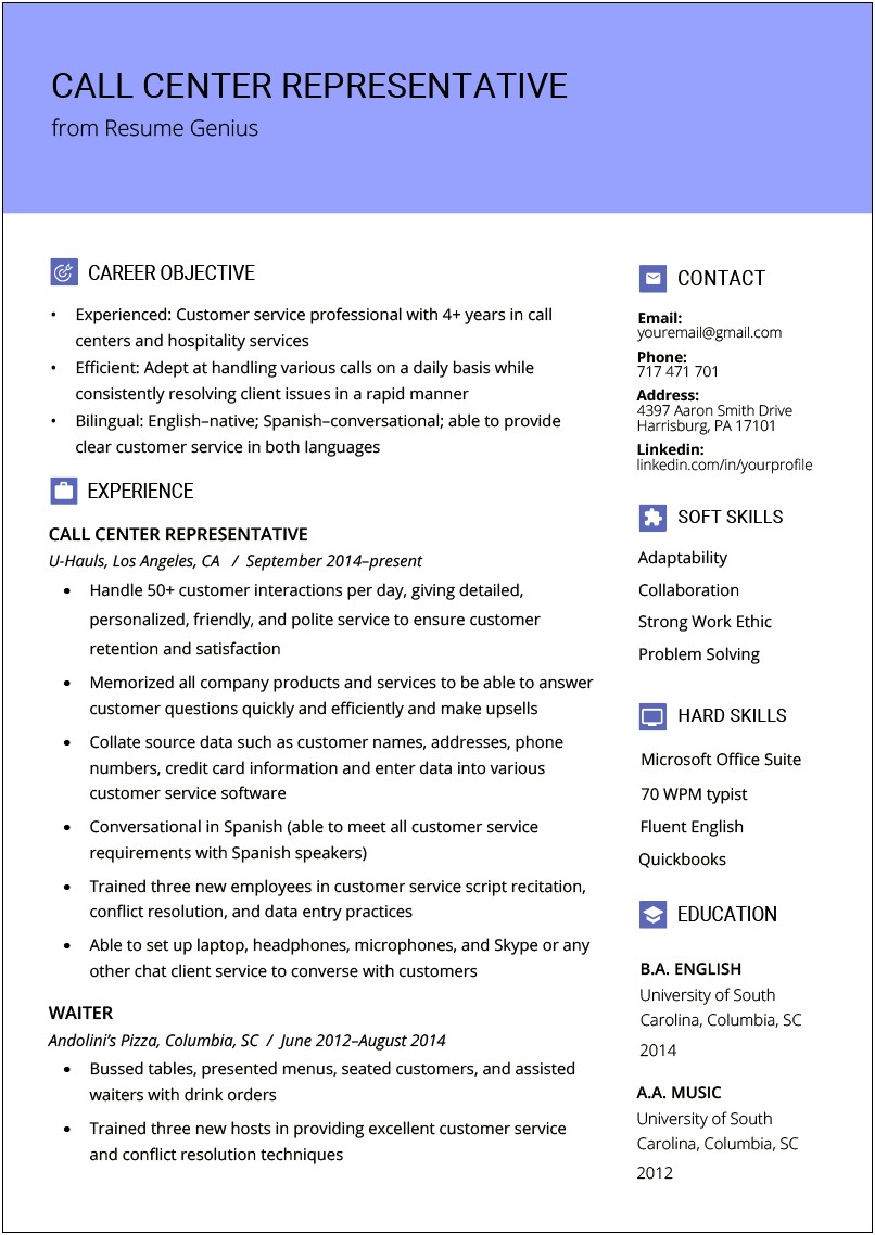 Example Objective For Resume For Customer Service