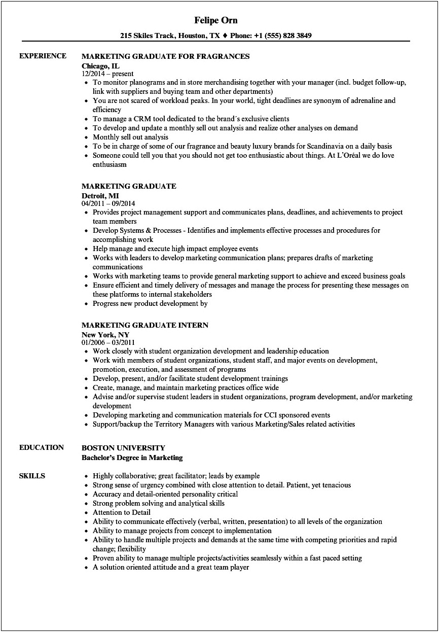 Example Objective In Resume For Fresh Graduate