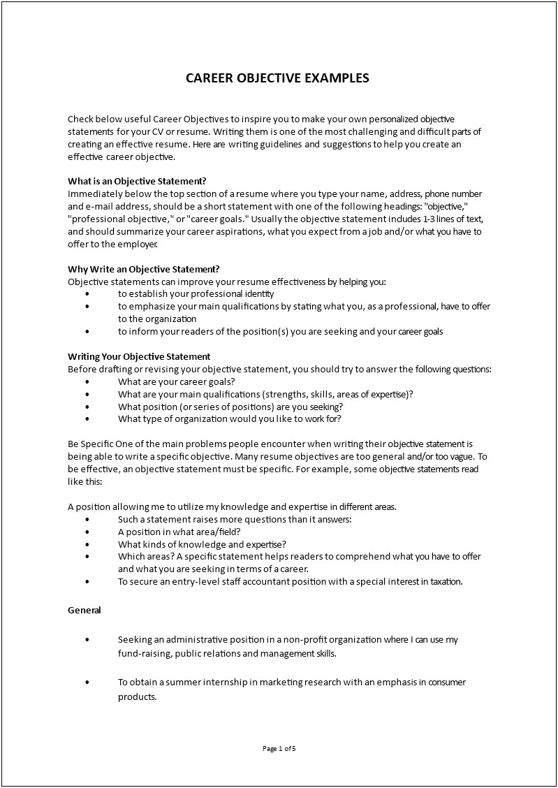 Example Objective Statements For Resumes At Entry Level