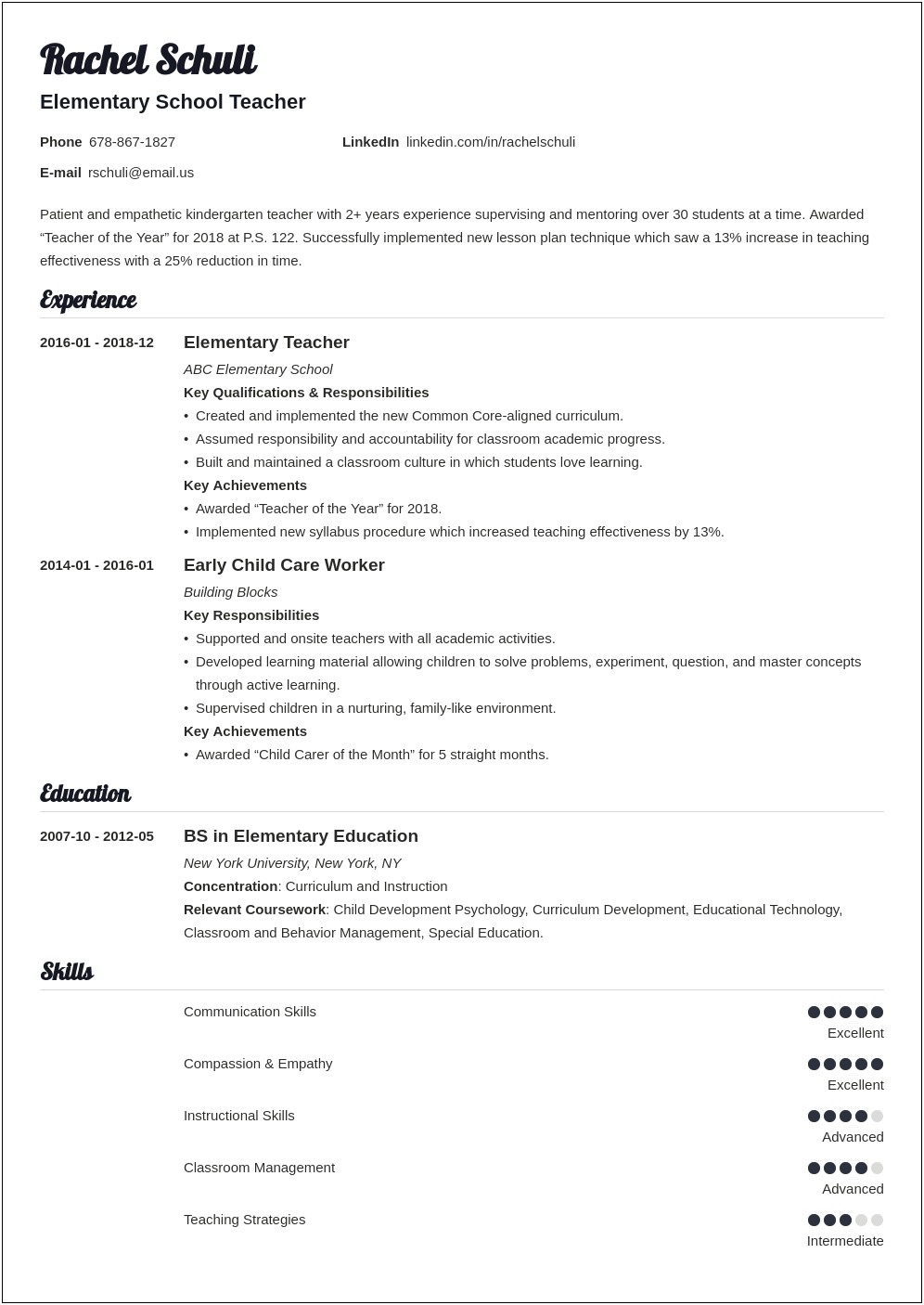 Example Objectives In Resume For Teachers