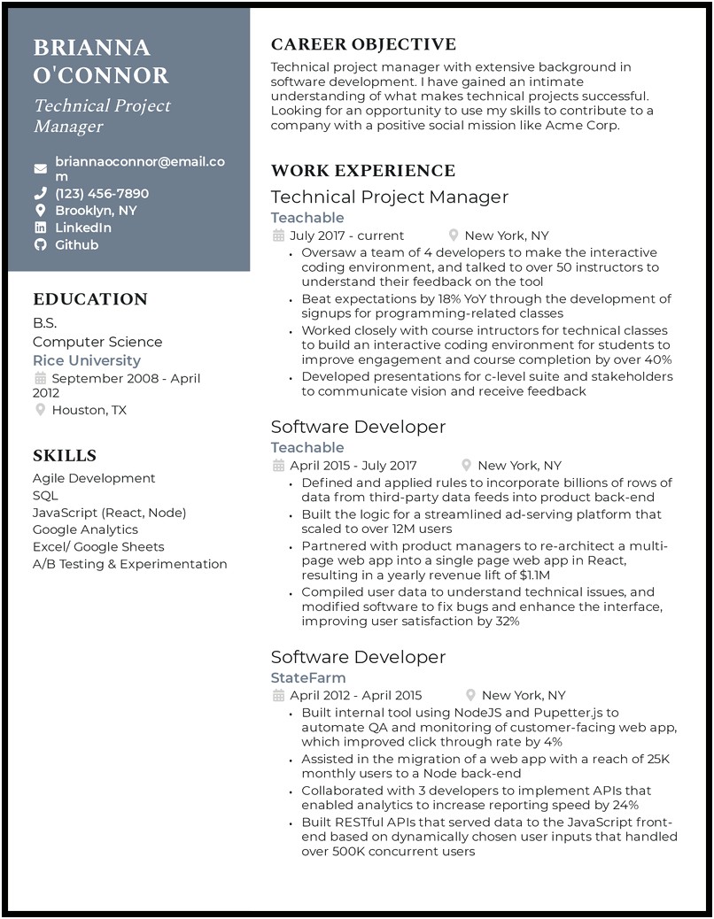 Example Of 100k Resume Project Manager