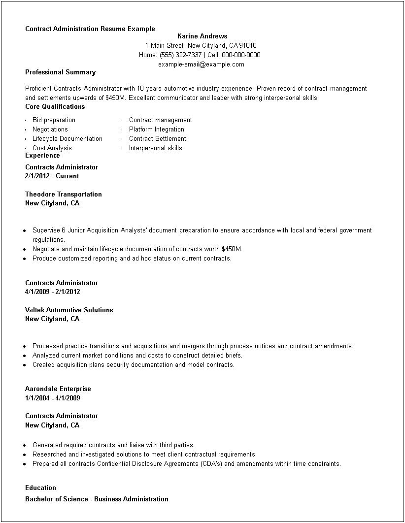 Example Of A Business Administration Resume