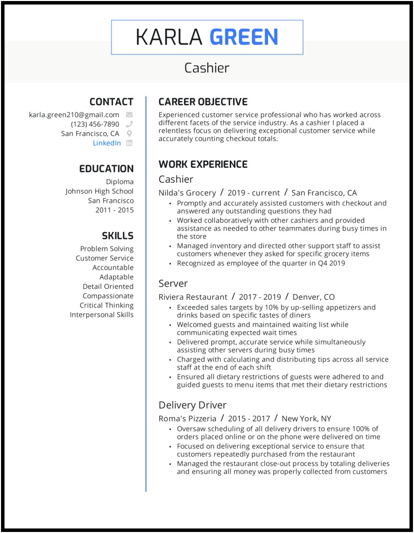 Example Of A Cashier Resume Objective