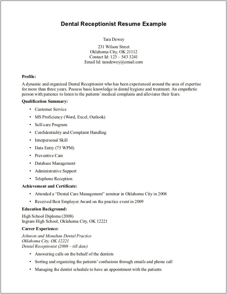 Example Of A Dental Front Desk Manager Resume