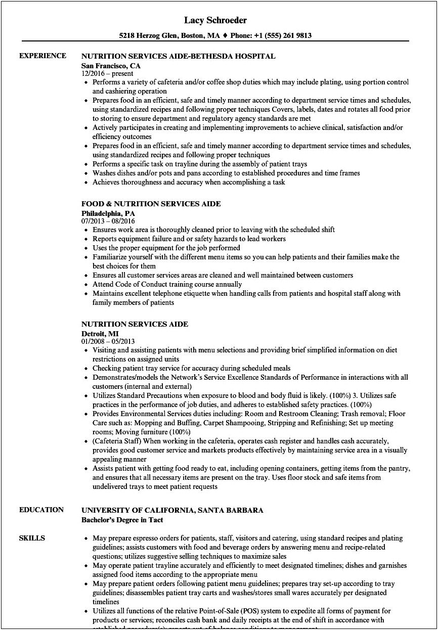 Example Of A Dietary Resume