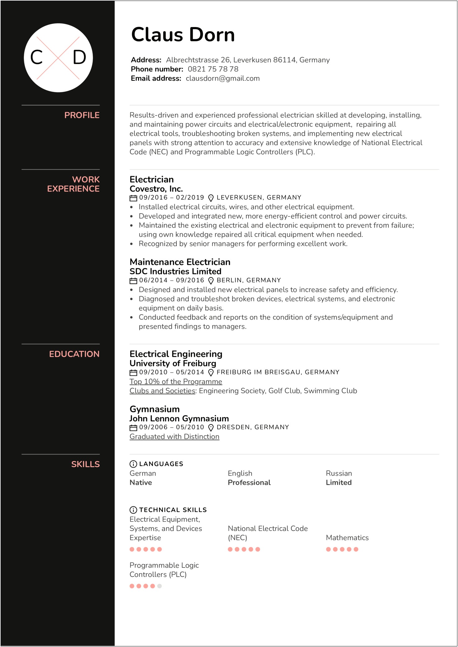 Example Of A Electrician Resume