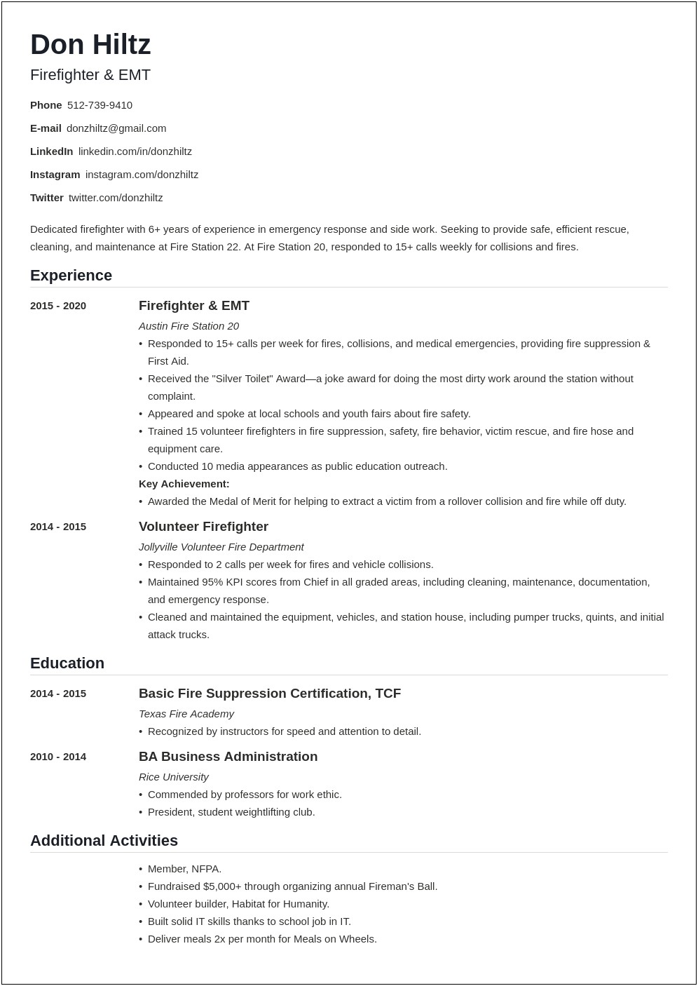 Example Of A Fire Capitan Resume