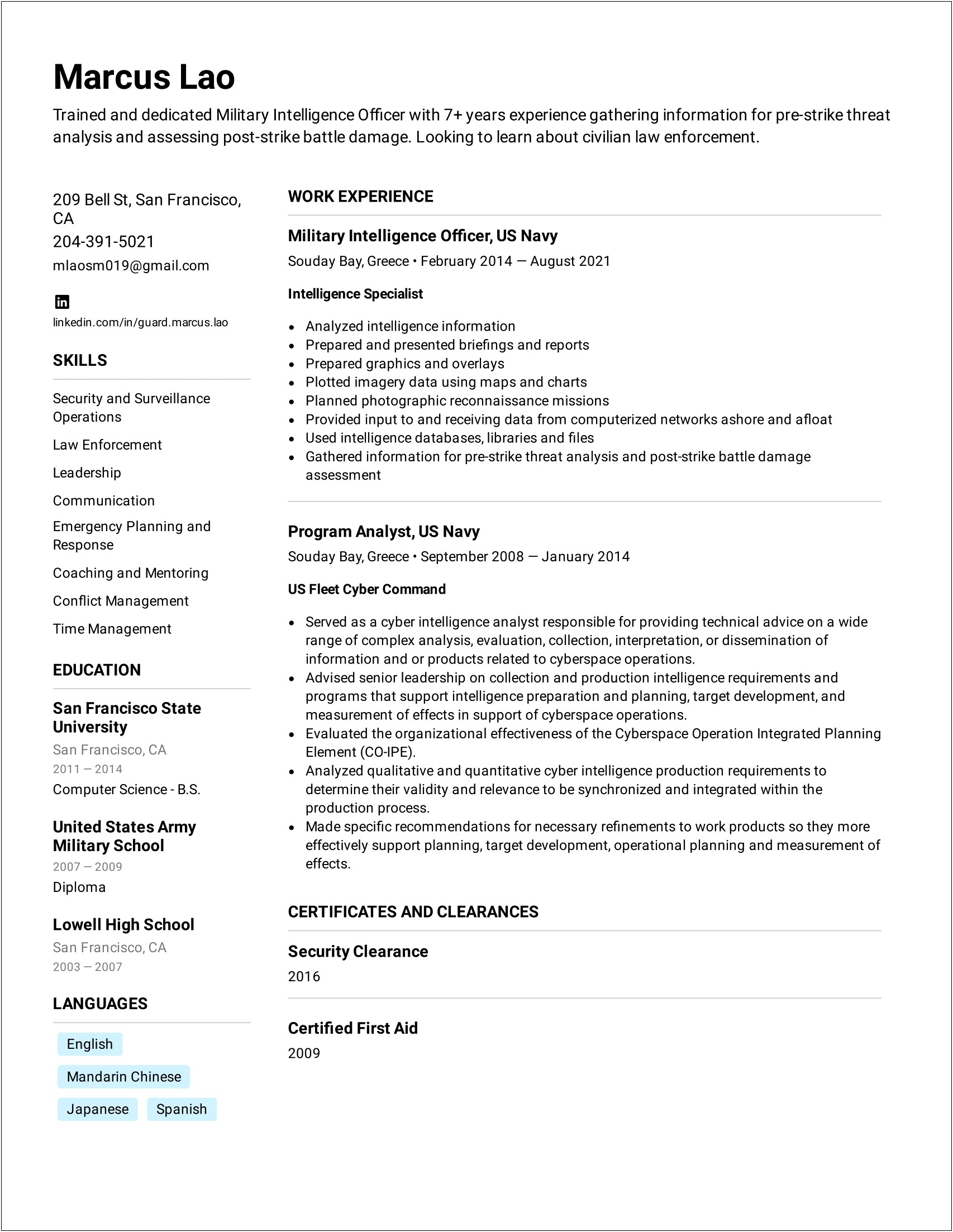 Example Of A Good Military Resume