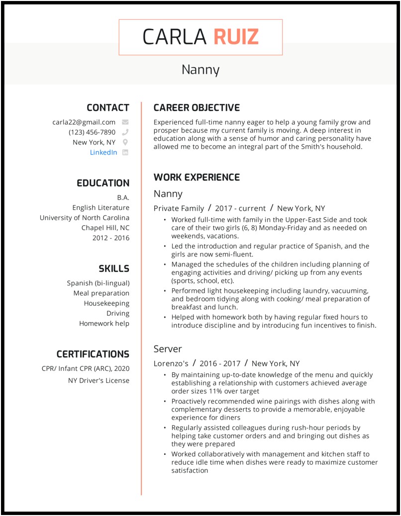 Example Of A Good Nanny Resume
