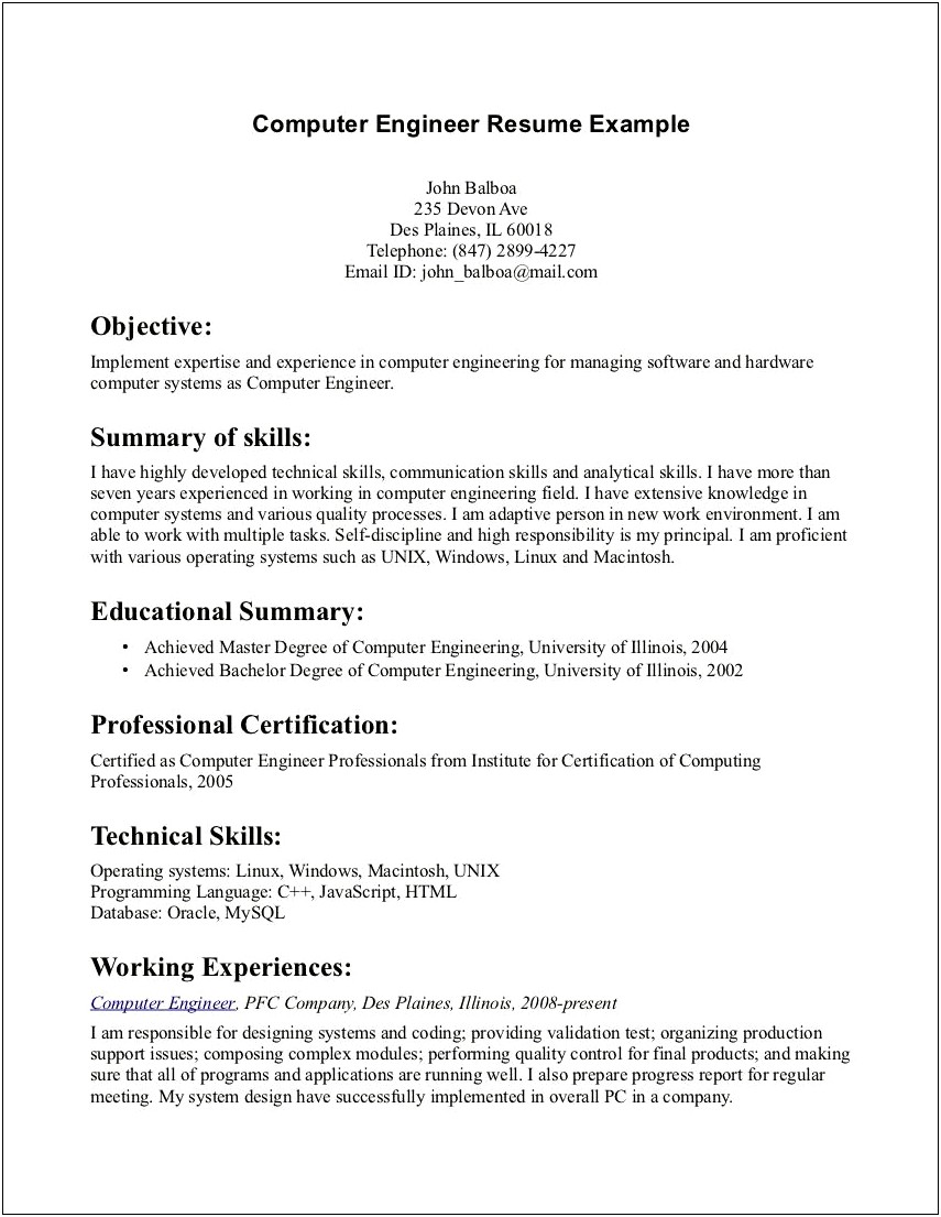 Example Of A Good Resume Engineer