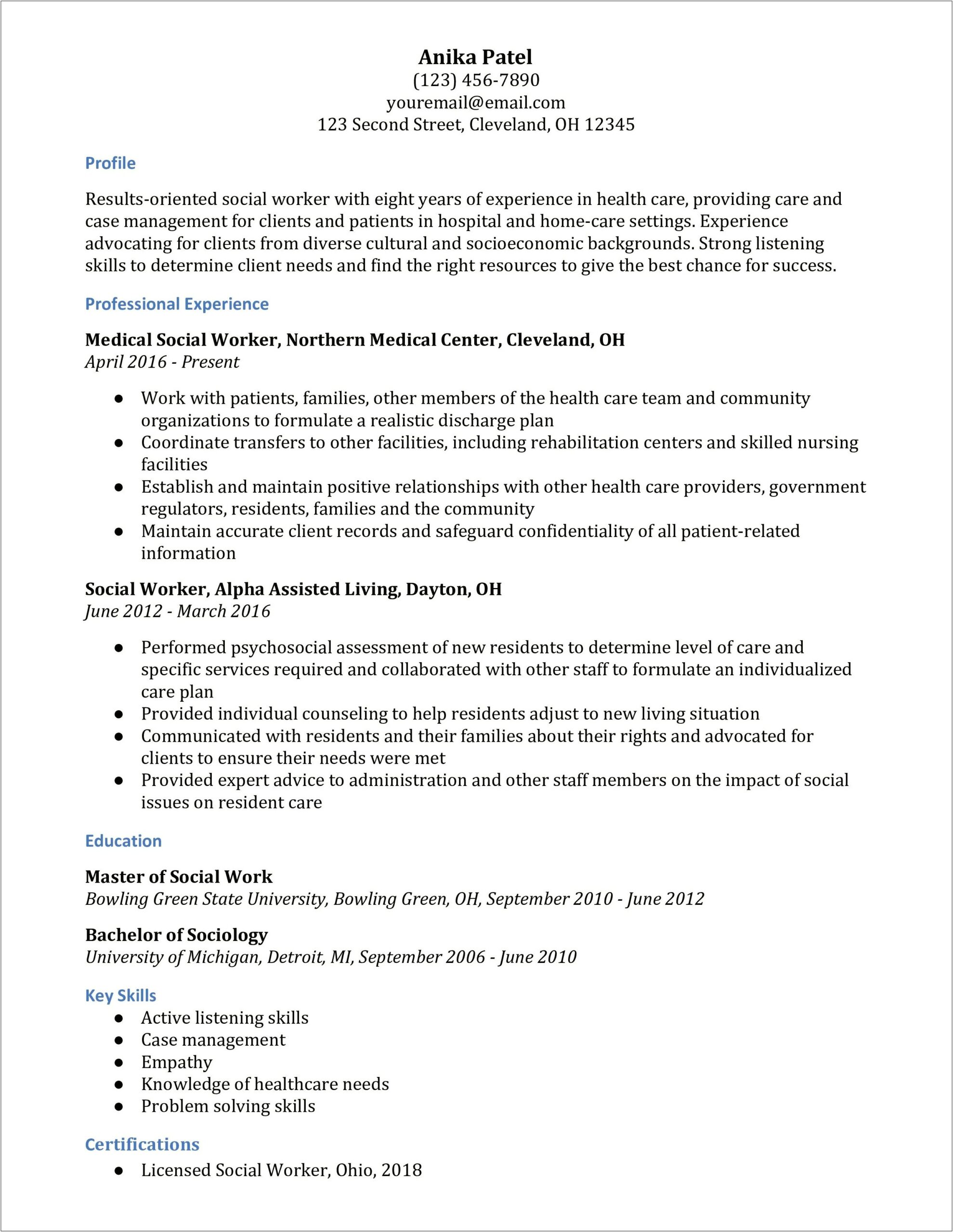 Example Of A Good Social Work Resume