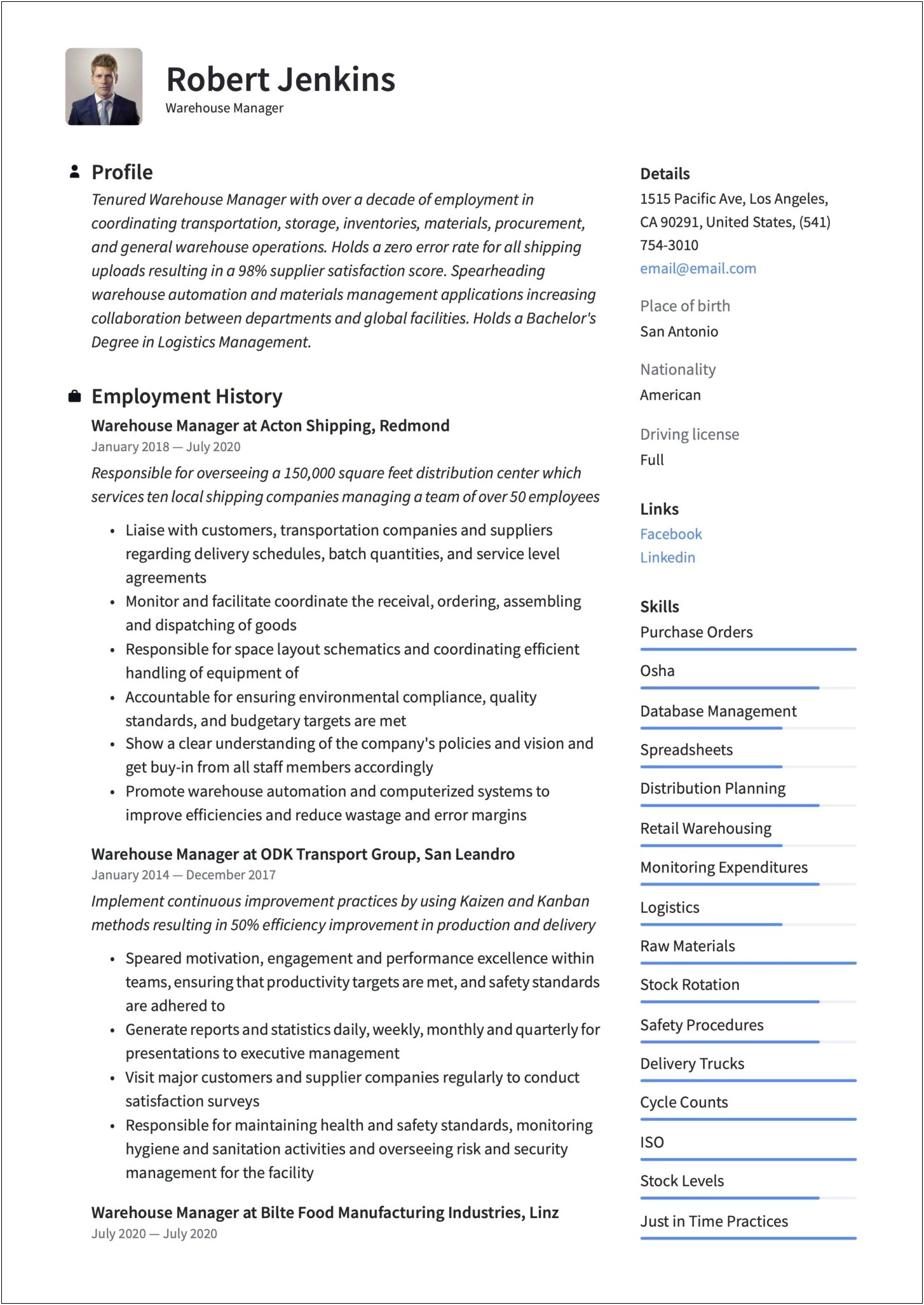 Example Of A Good Warehouse Manager Resume