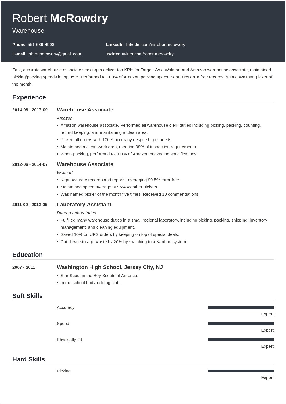 Example Of A Good Warehouse Resume
