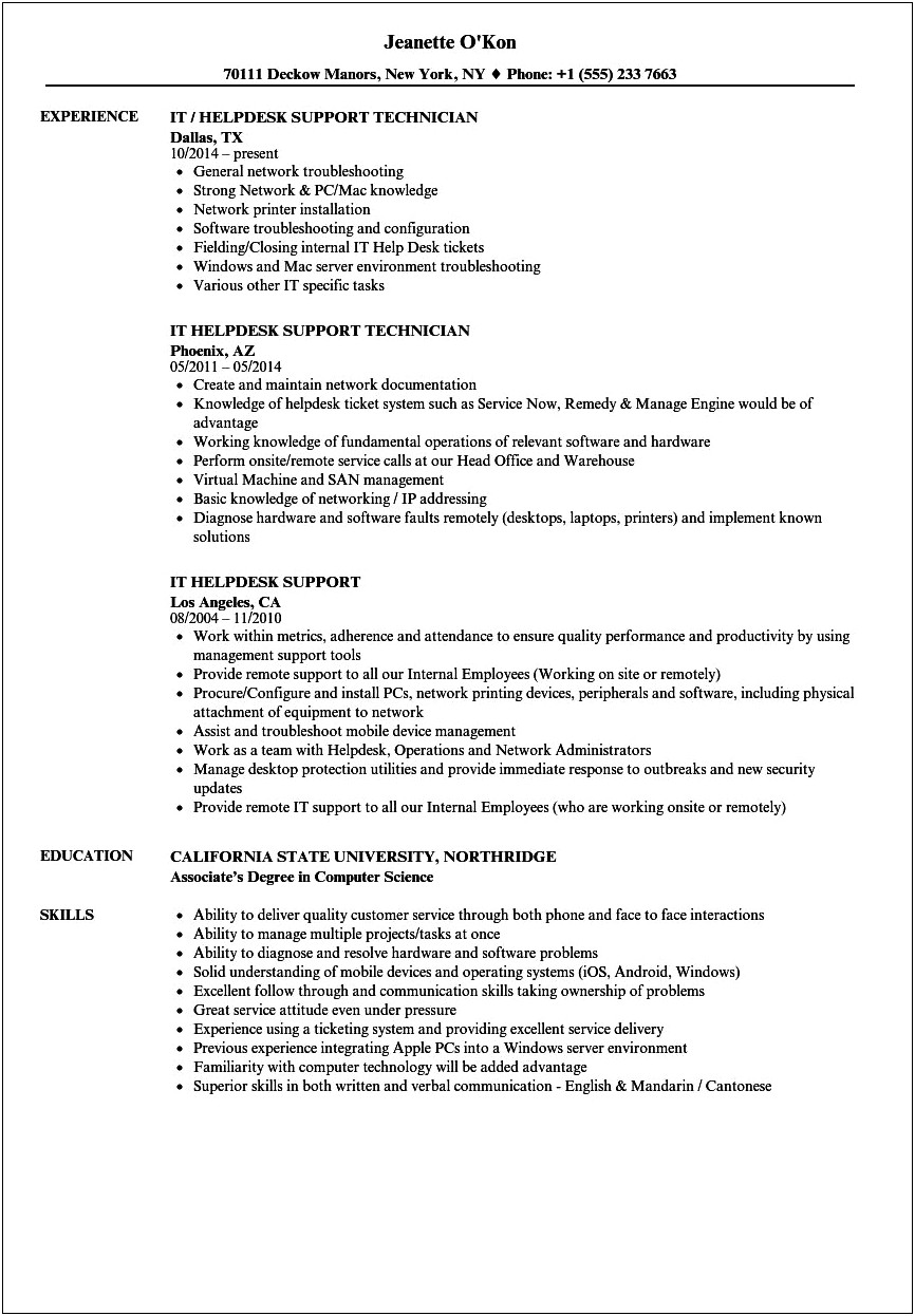 Example Of A Great Resume Help Desk