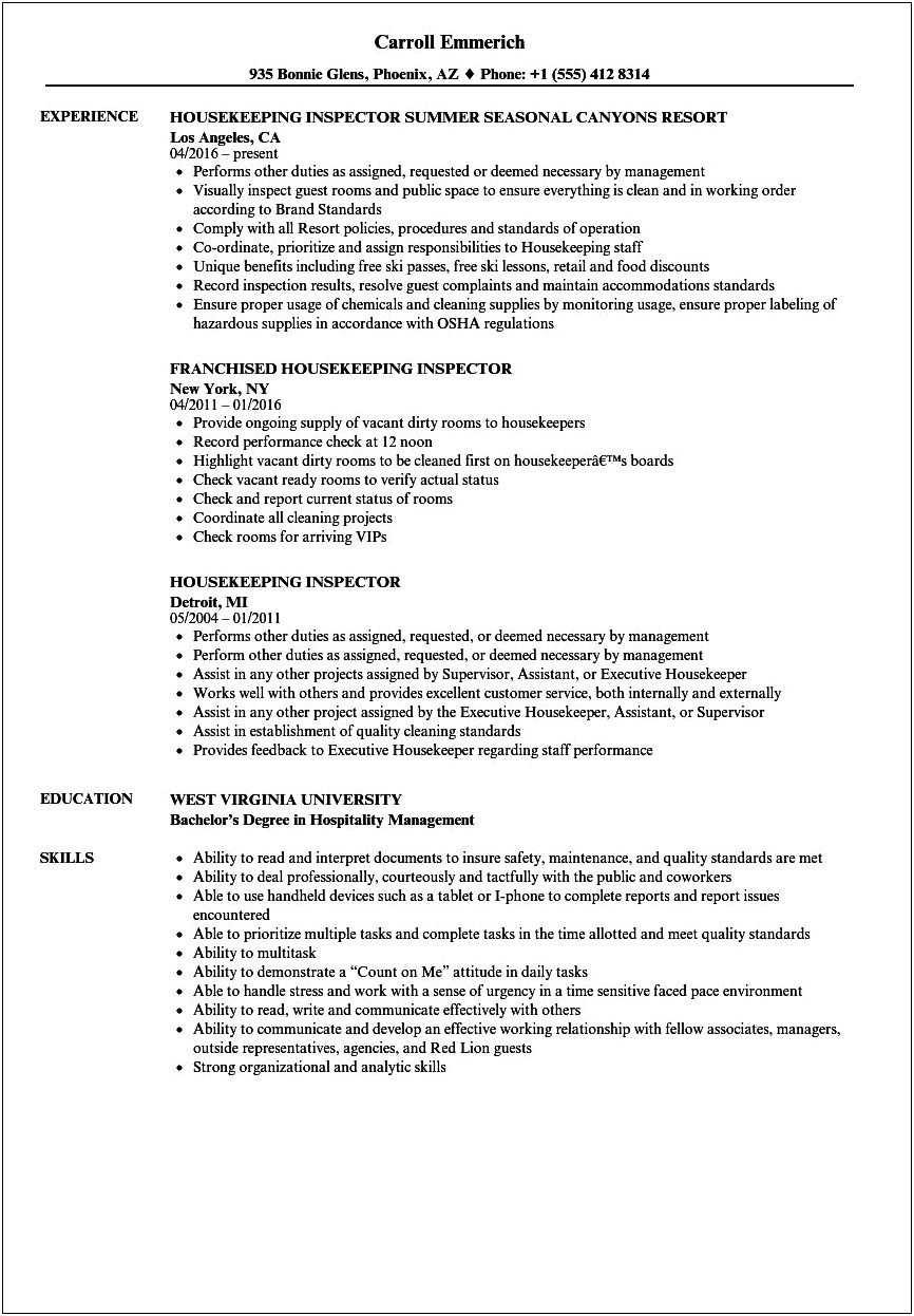 Example Of A Home Inspector Resume