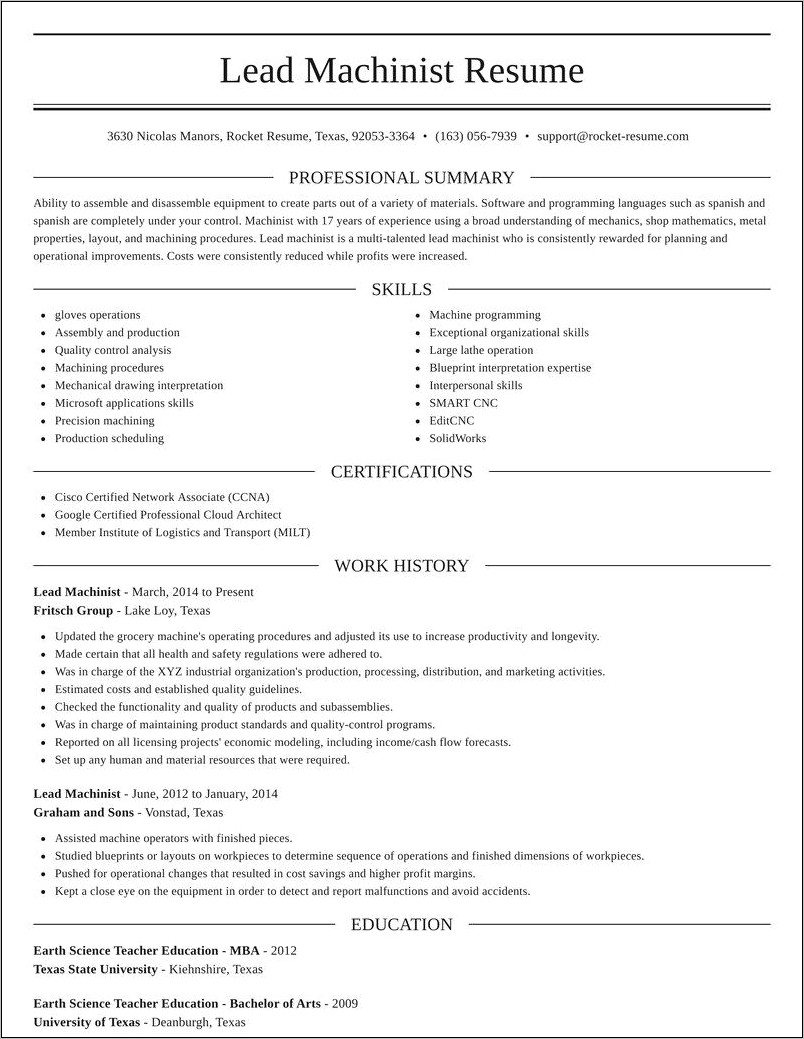 Example Of A Machinest Resume