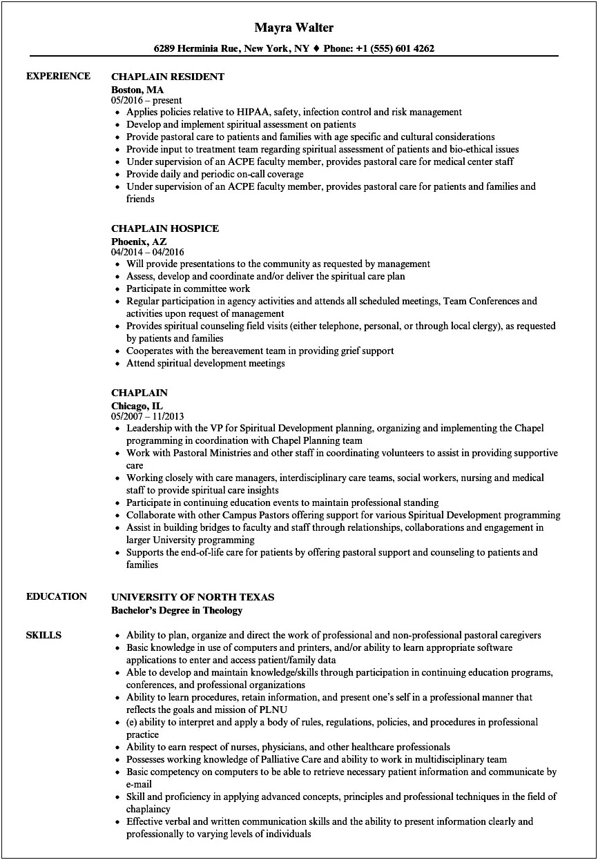 Example Of A Minister's Resume