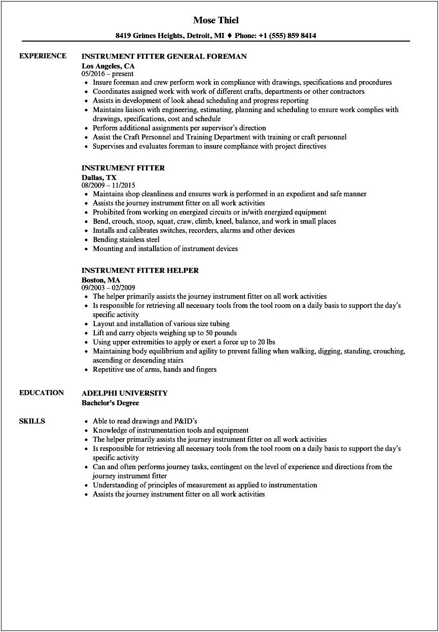 Example Of A Pipe Fitter Resume Resumes