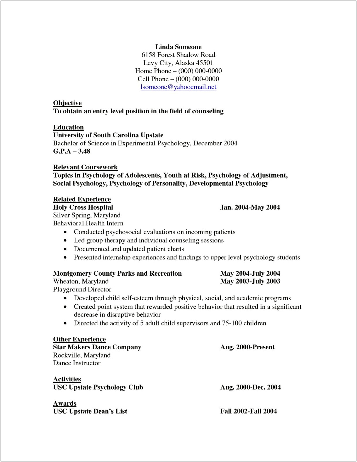 Example Of A Psychology B.a Degree Resume