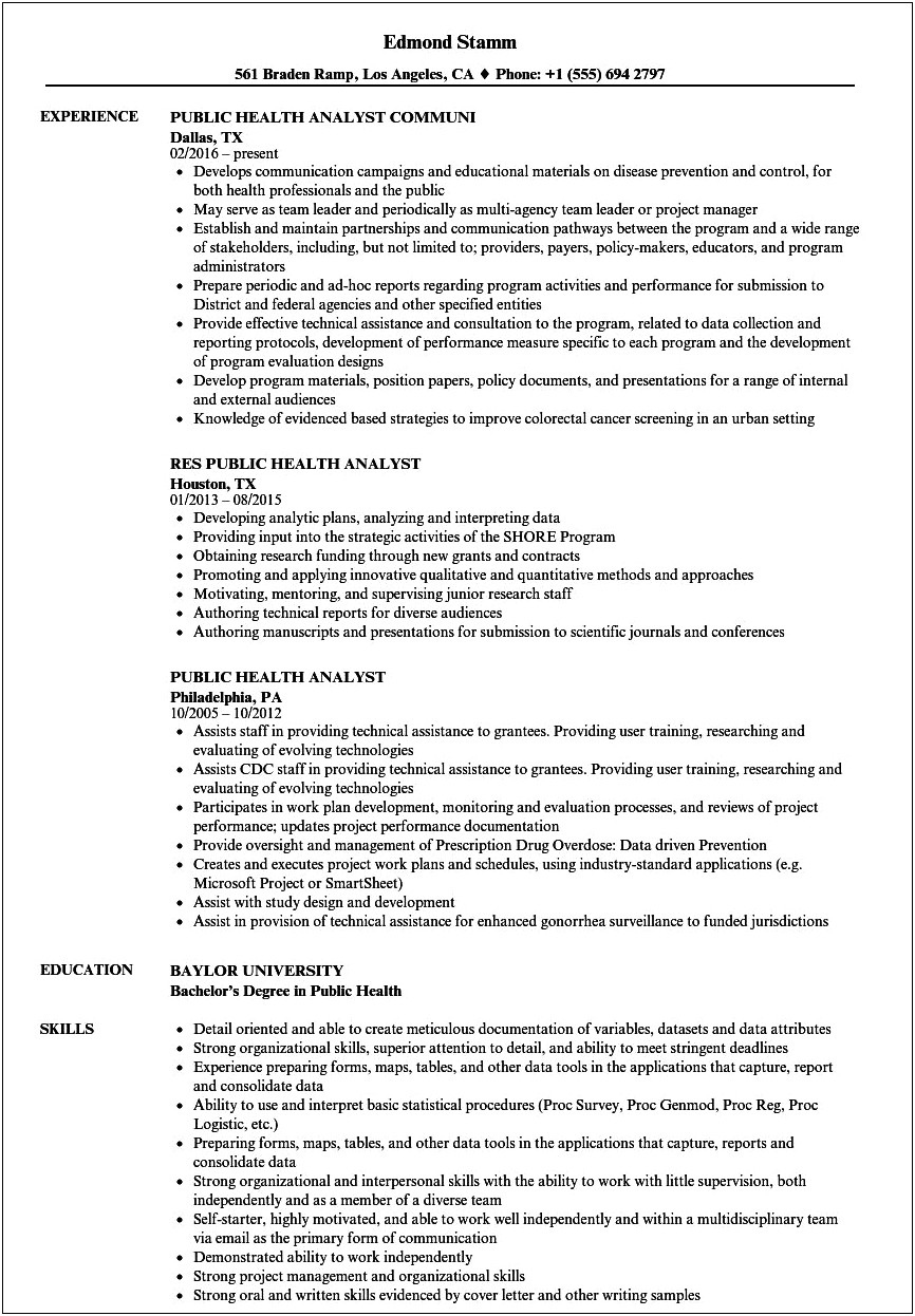 Example Of A Public Health Analyst Resume
