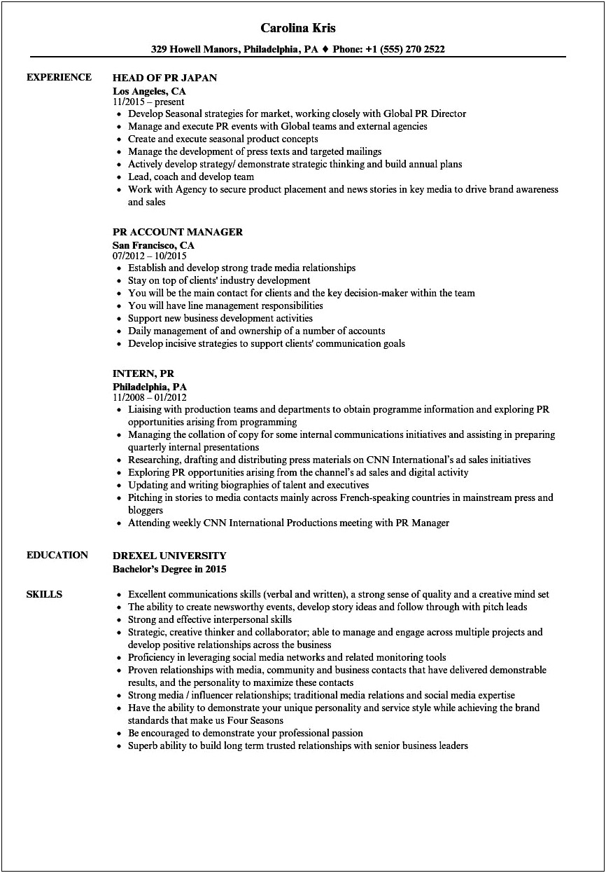 Example Of A Public Relations Resume