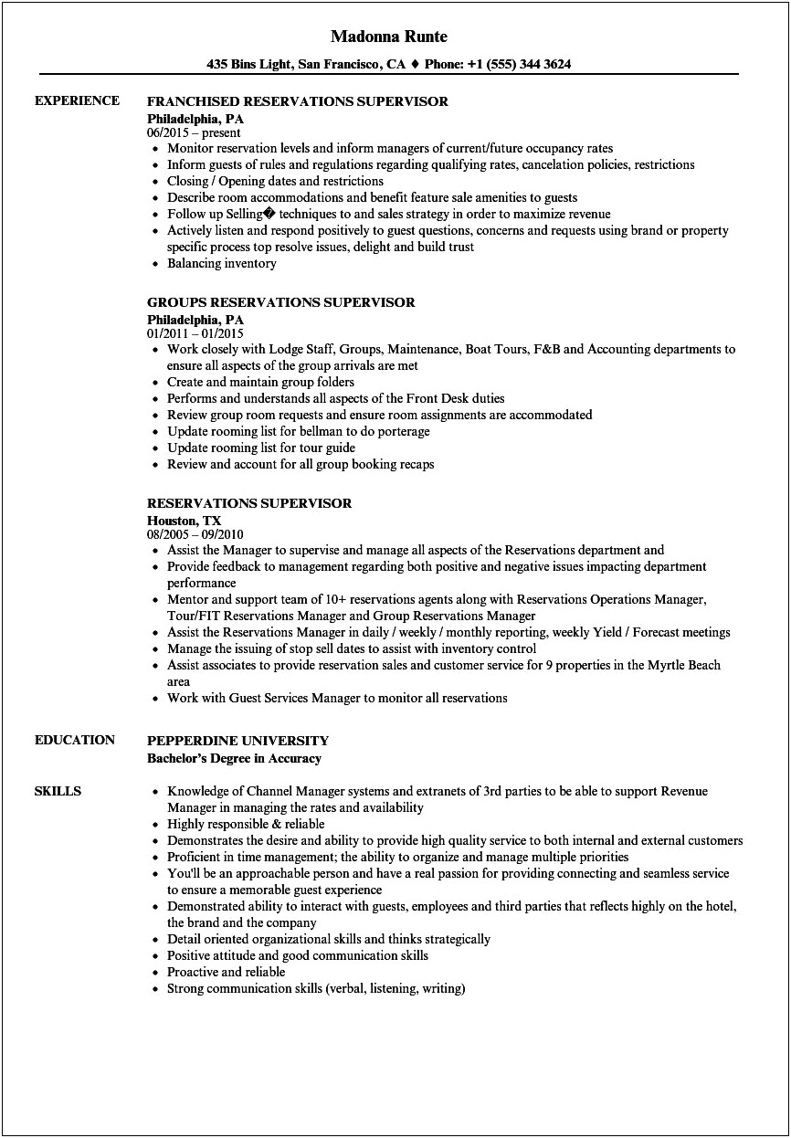Example Of A Reservation Sales Clerk Resume