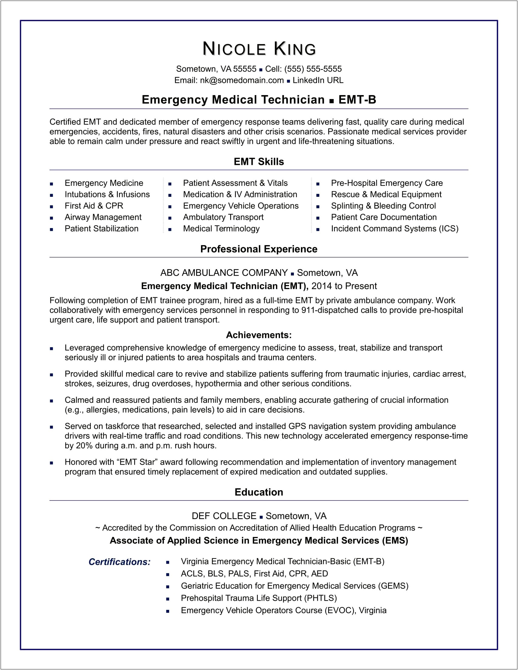 Example Of A Resume After College Medical Field