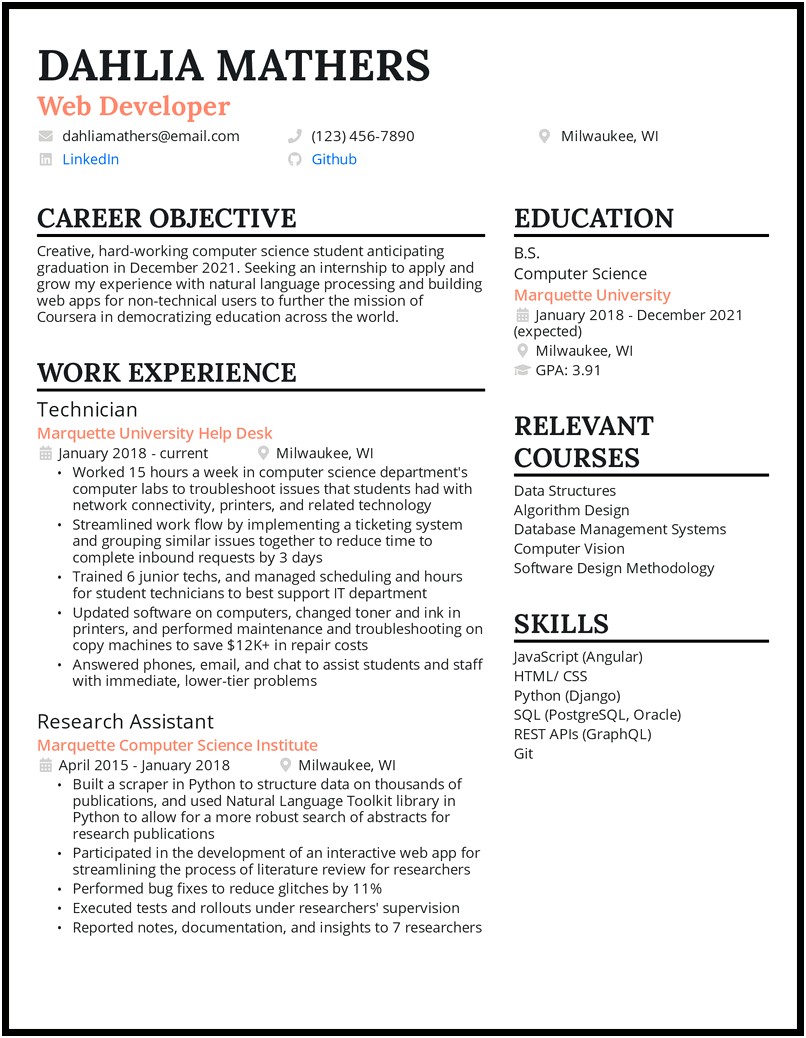 Example Of A Resume After College