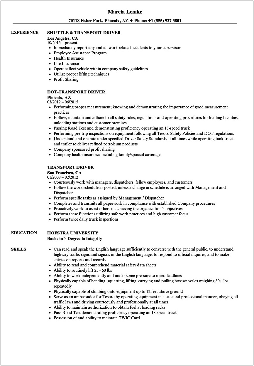 Example Of A Resume For A Car Tranportation