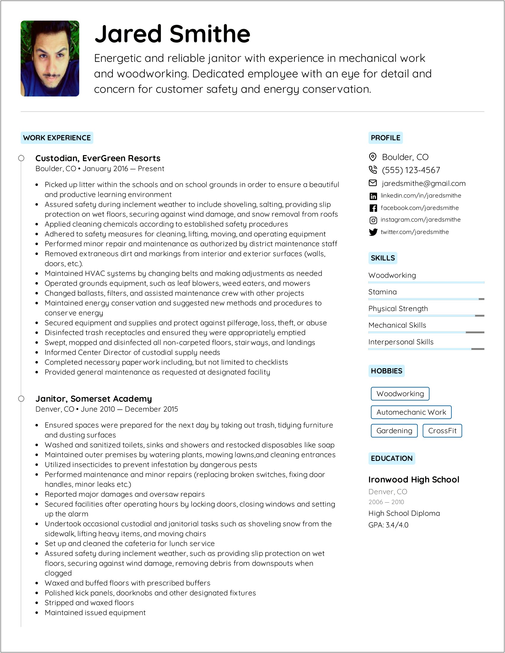 Example Of A Resume For A Custodian