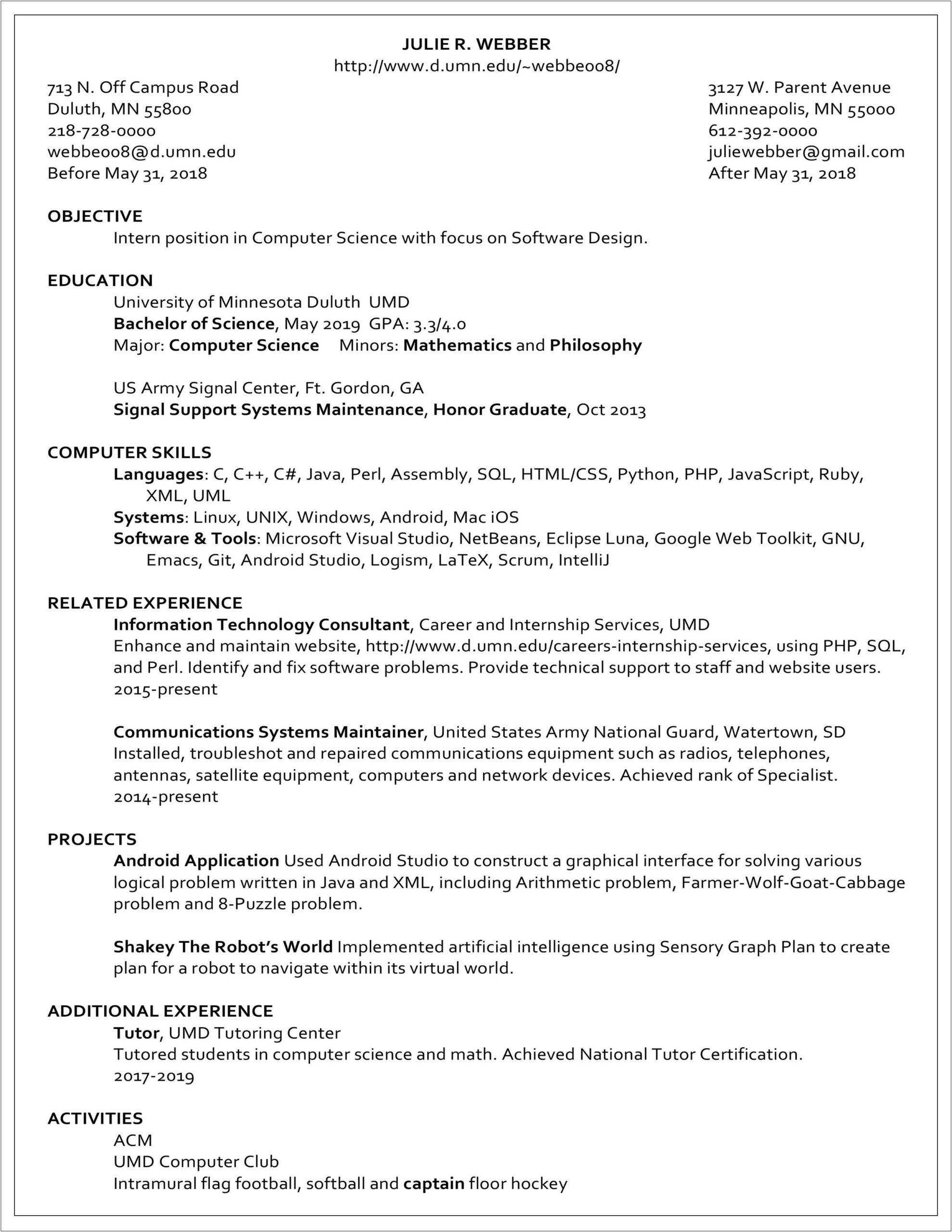 Example Of A Resume For A Math Intenship