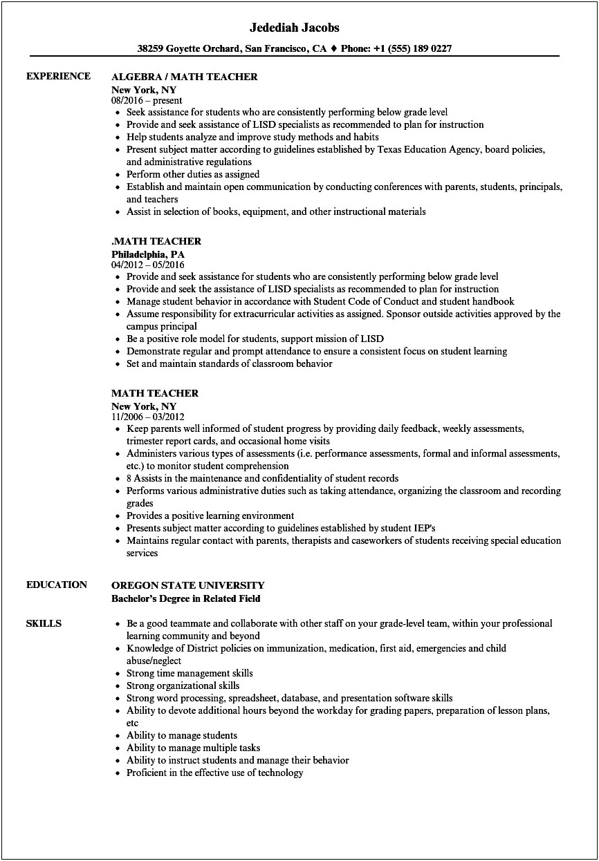 Example Of A Resume For A Math Program